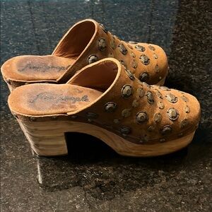 Free People Brown Perforated Mules with Wooden Heel